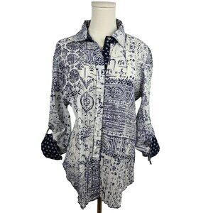 Cino Shirt XL Patchwork ButtonDown Boyfriend Indigo Crinkle Voile Flip Cuff Boho